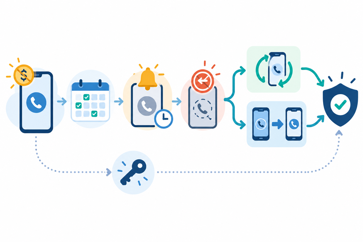 A provider-assigned phone number moves through use, an inactivity warning, a reclaim decision, then recovery or transfer, with a separate backup sign-in key