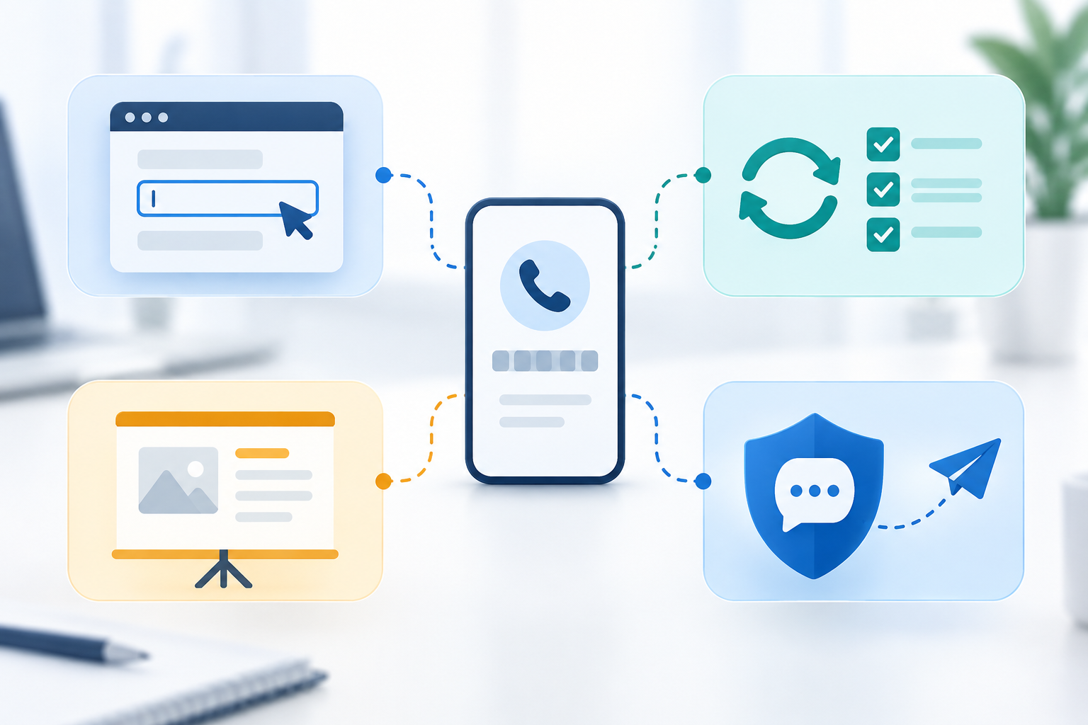 A central phone-number test fixture connects to form testing, repeatable test cases, demo content, and controlled delivery checks.