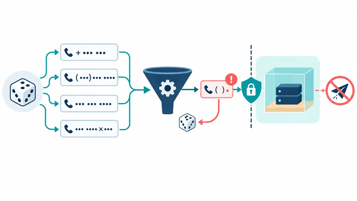 A seeded test input passes through a phone parser in an isolated sandbox, with a minimized failure available for replay and outbound messaging blocked.